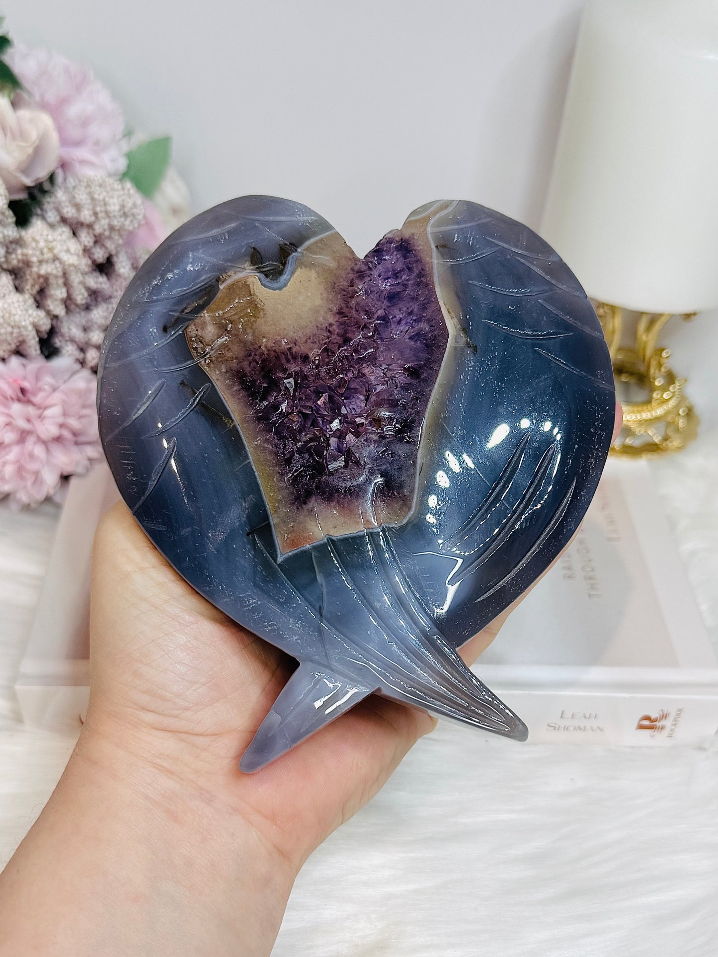 Large Amethyst Druzy Agate Heart on Stand 551g