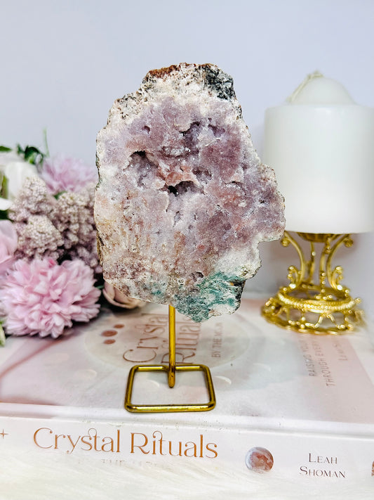Natural Pink Amethyst Druzy Slab on Gold Stand 15cm