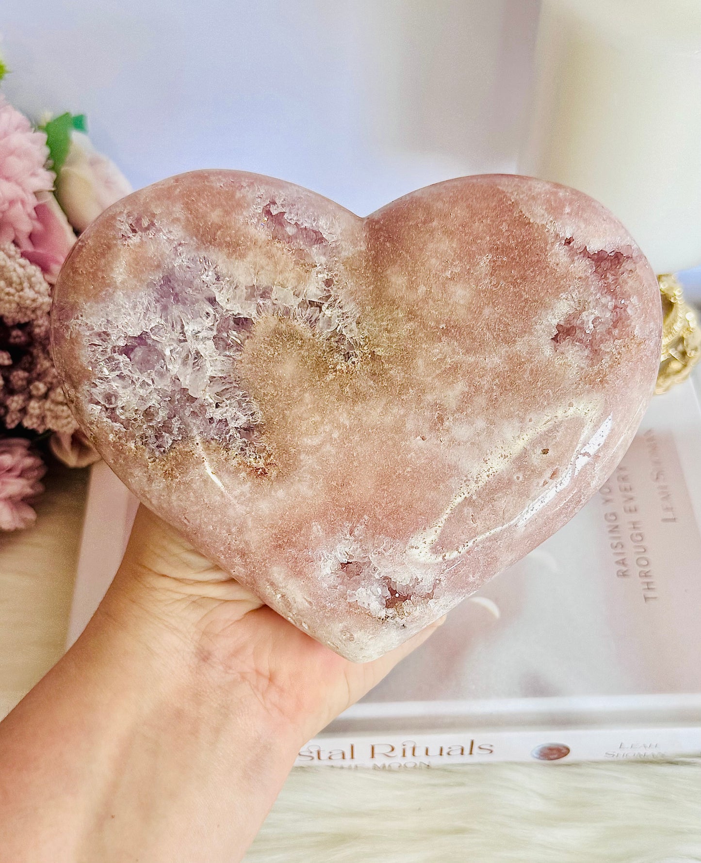 Classy & Fabulous Large Druzy Pink Amethyst Puffy Heart On Stand 832gram