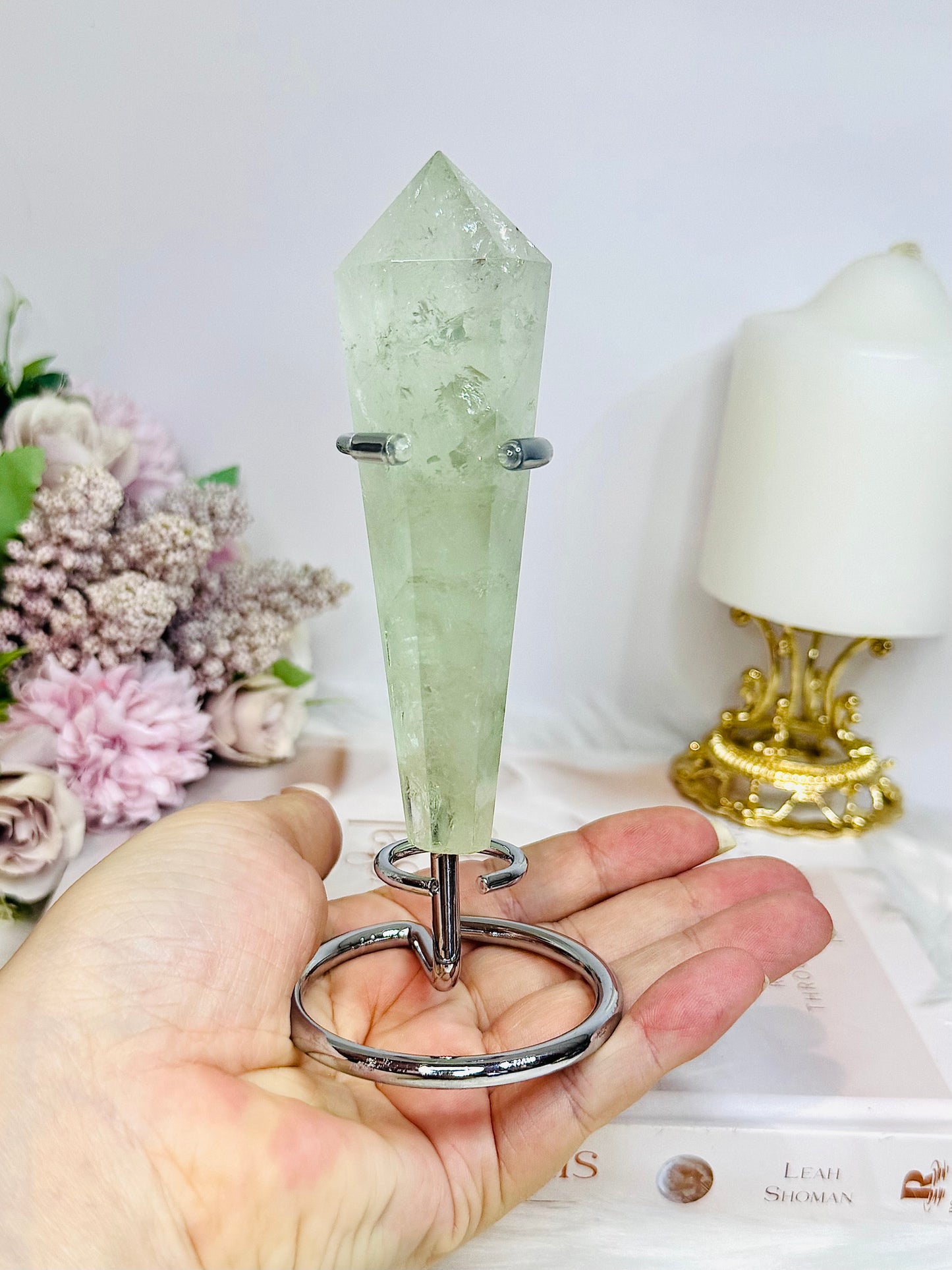 Prasiolite | Green Amethyst Wand Tower on Stand 15cm (inc stand)