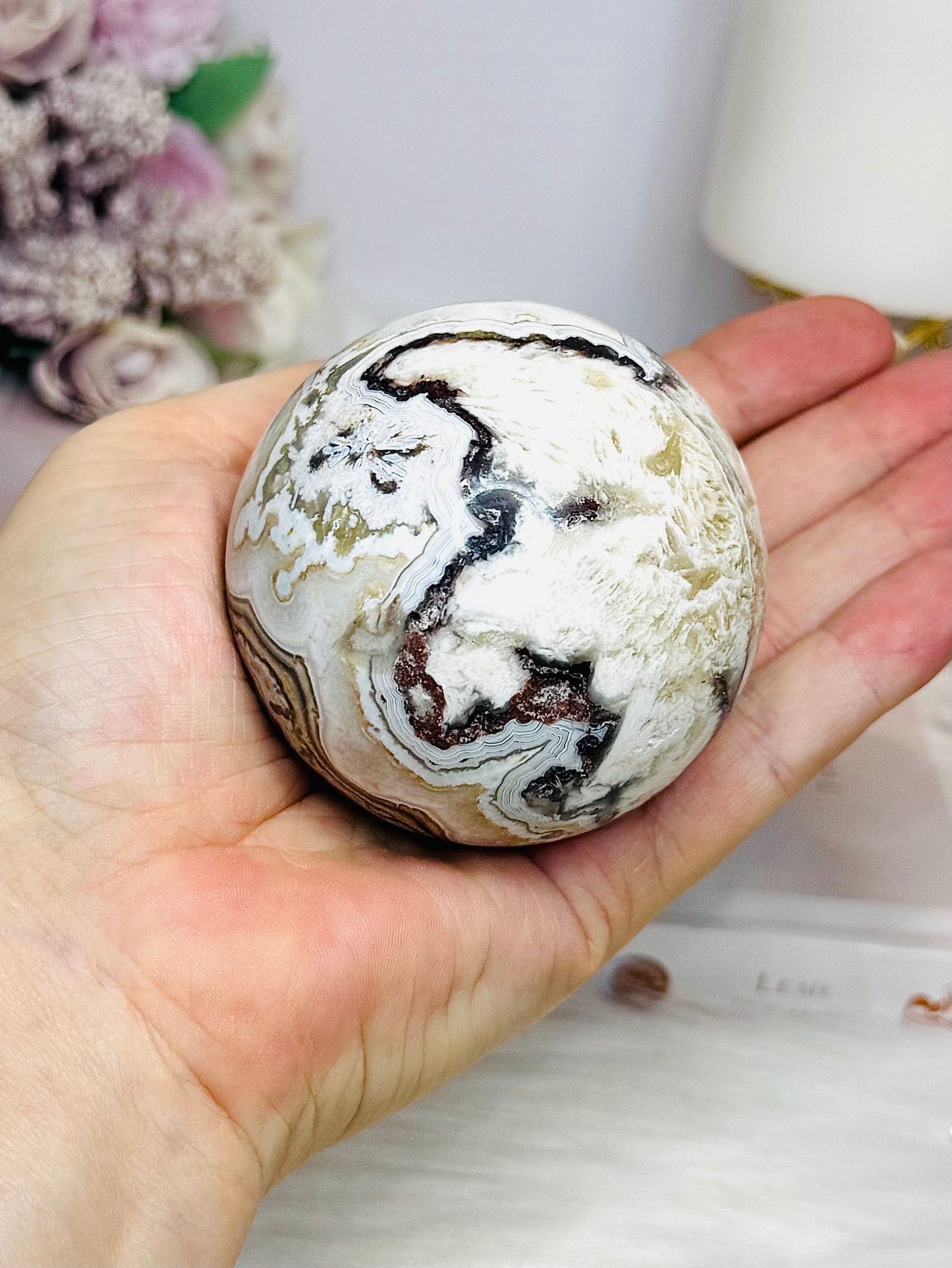 Mexican Lace Agate Druzy Sphere on Stand 331g
