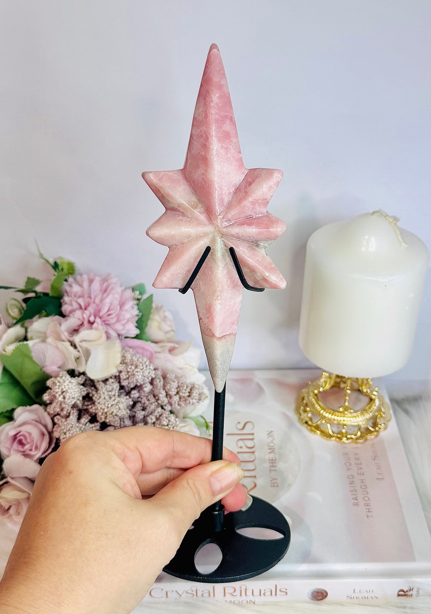 Natural Pink Opal Carved Polaris Star On Stand 24.5cm