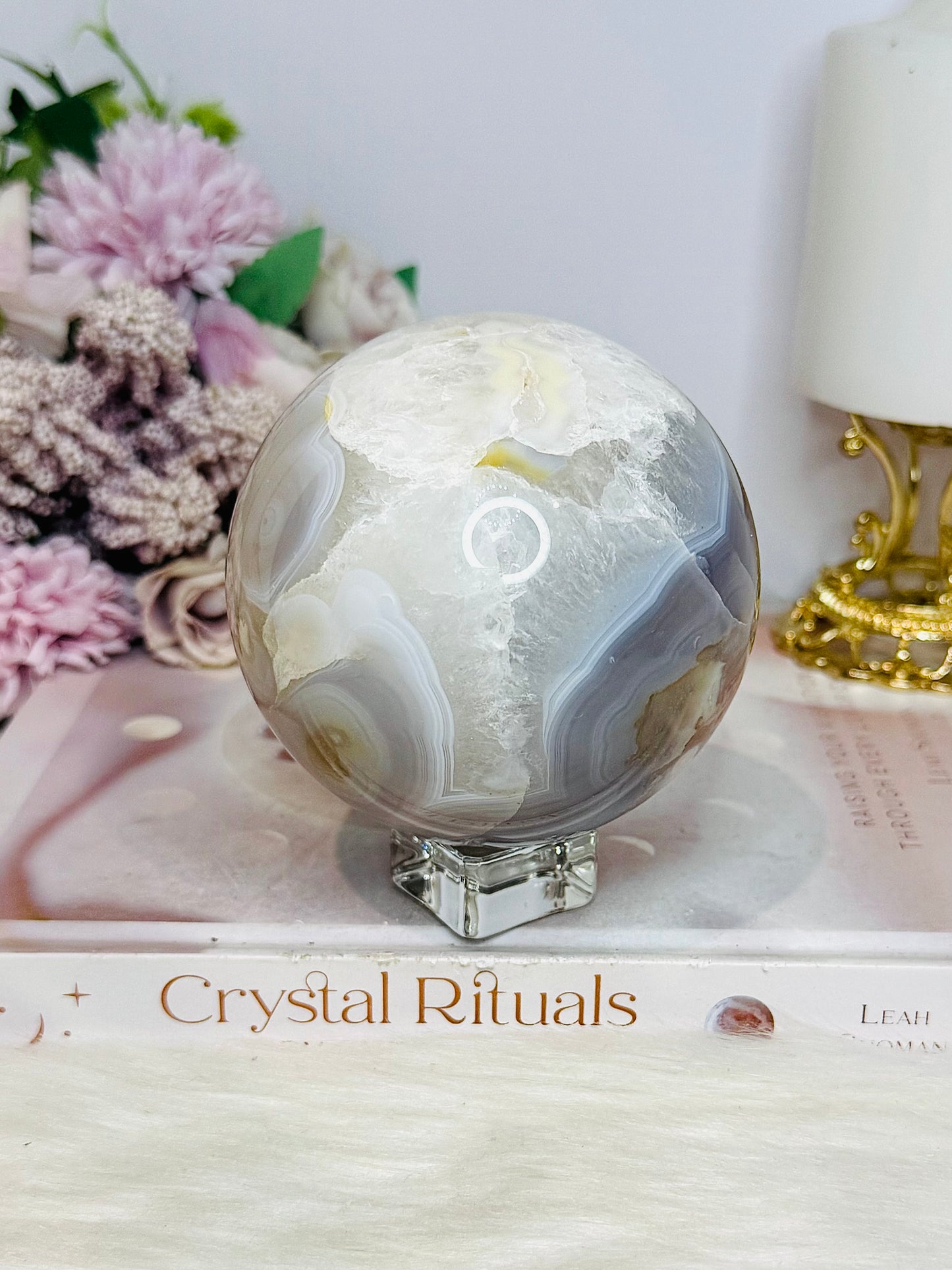 Large Flower Agate Sphere On Stand 848g