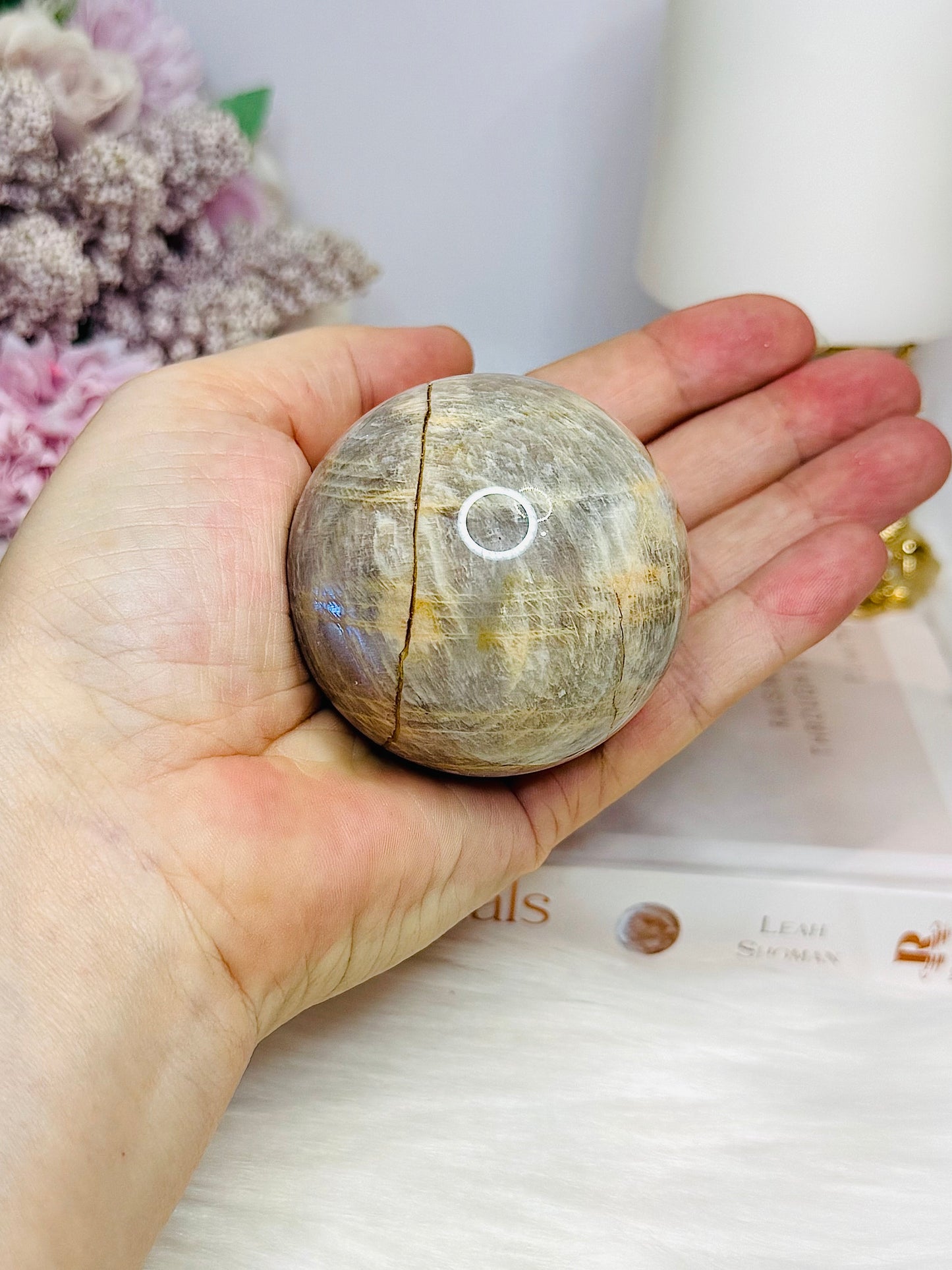 Moonstone Sphere with Blue Flash 6.5cm On Stand