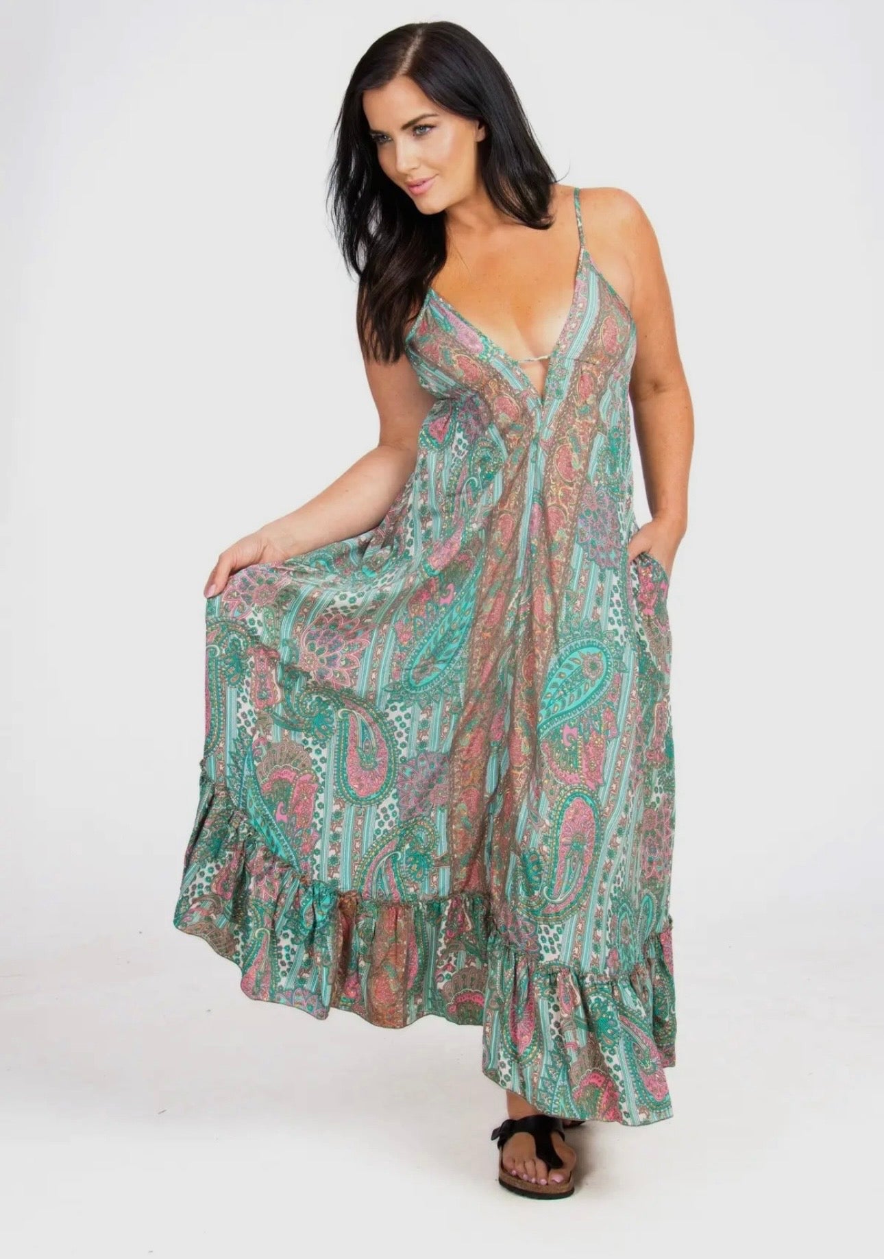 Long Boho Silk Strappy Dress with Pockets One Size