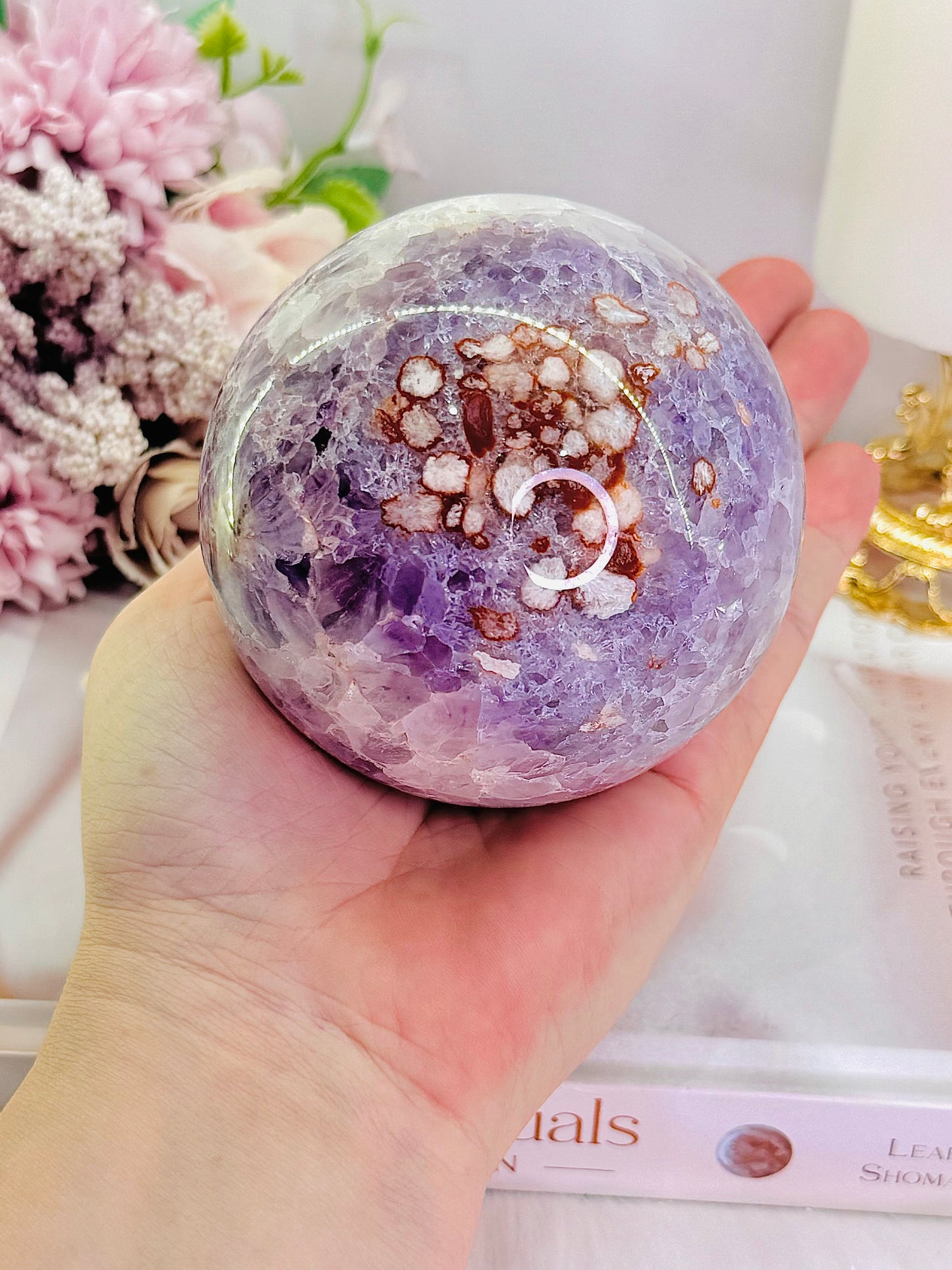 CLASSY!!! FABULOUS!!! MAGICAL!!!
Incredible High Grade Deep Purple Amethyst X Flower Agate Hybrid Sphere 772grams On Silver Stand