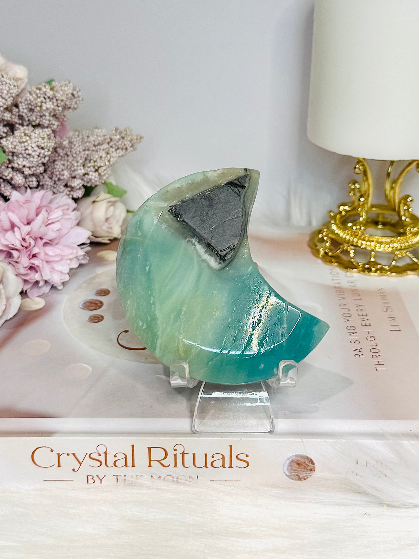 Sky Blue Quartz Carved Moon On Stand 8cm