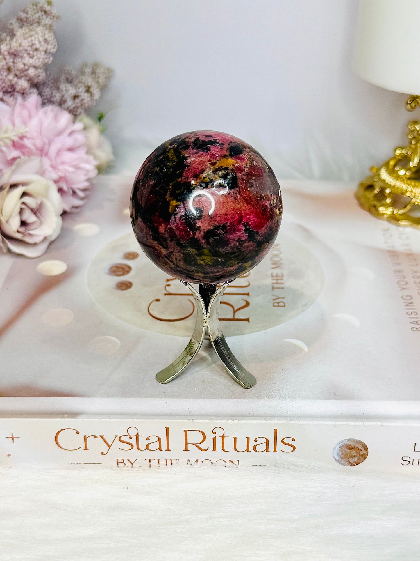 High Grade Rhodonite Sphere on Stand