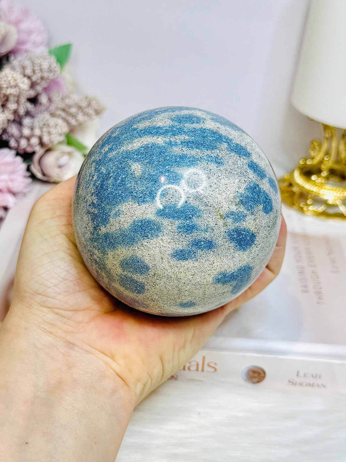 Large K2 Granite with Azurite Sphere On Stand 770g