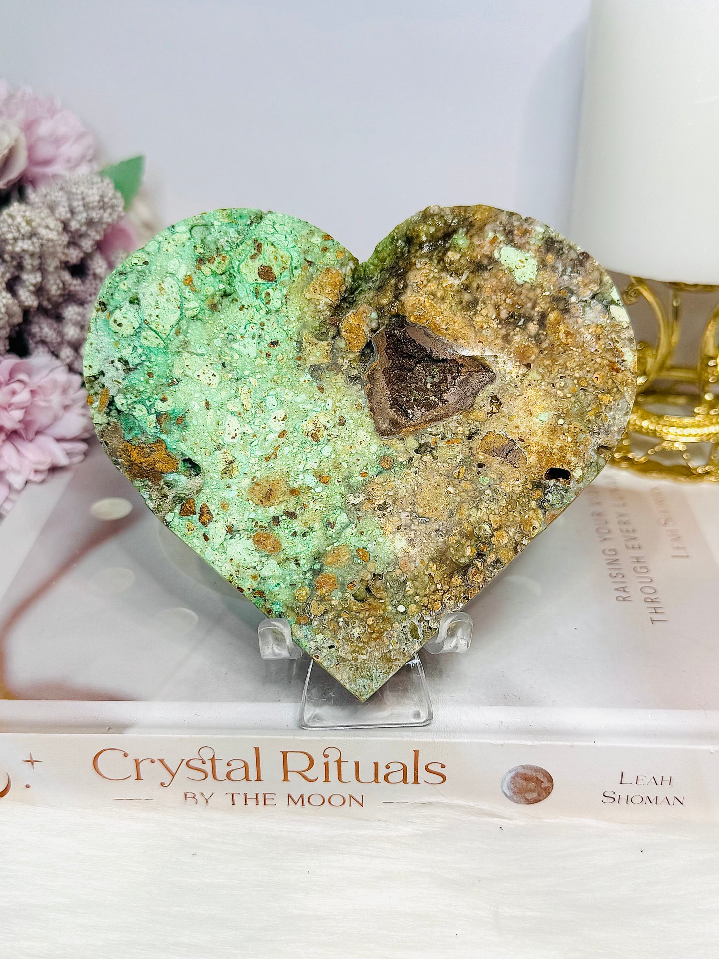 Large Natural Variscite Carved Heart on Stand 12cm