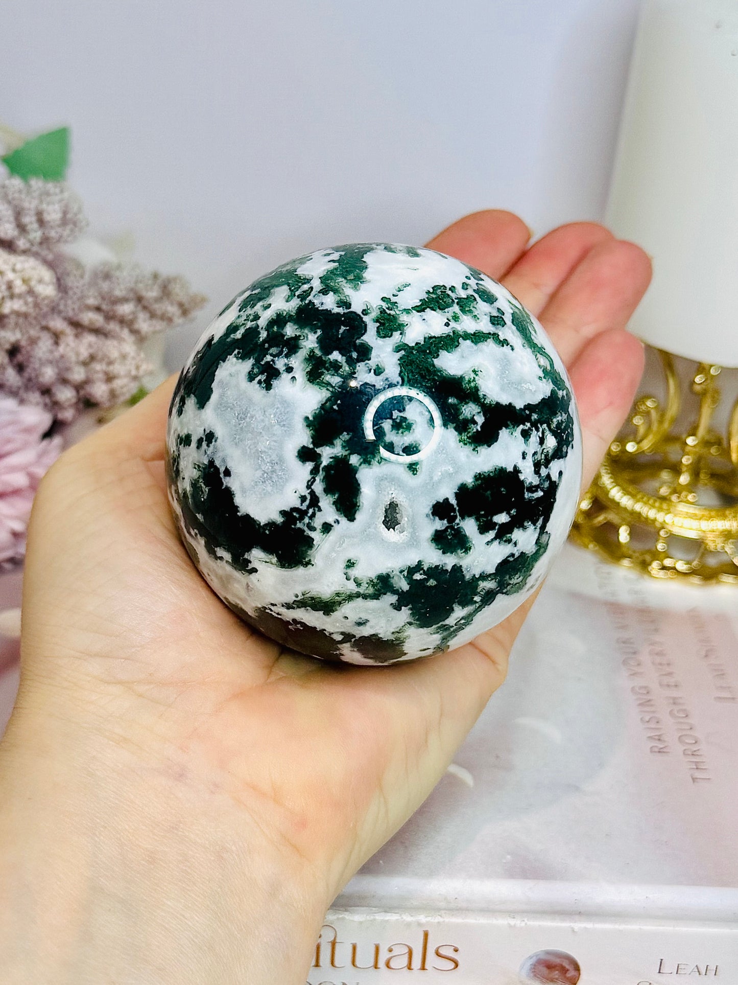 Large Druzy Moss Agate Sphere on Stand 515g