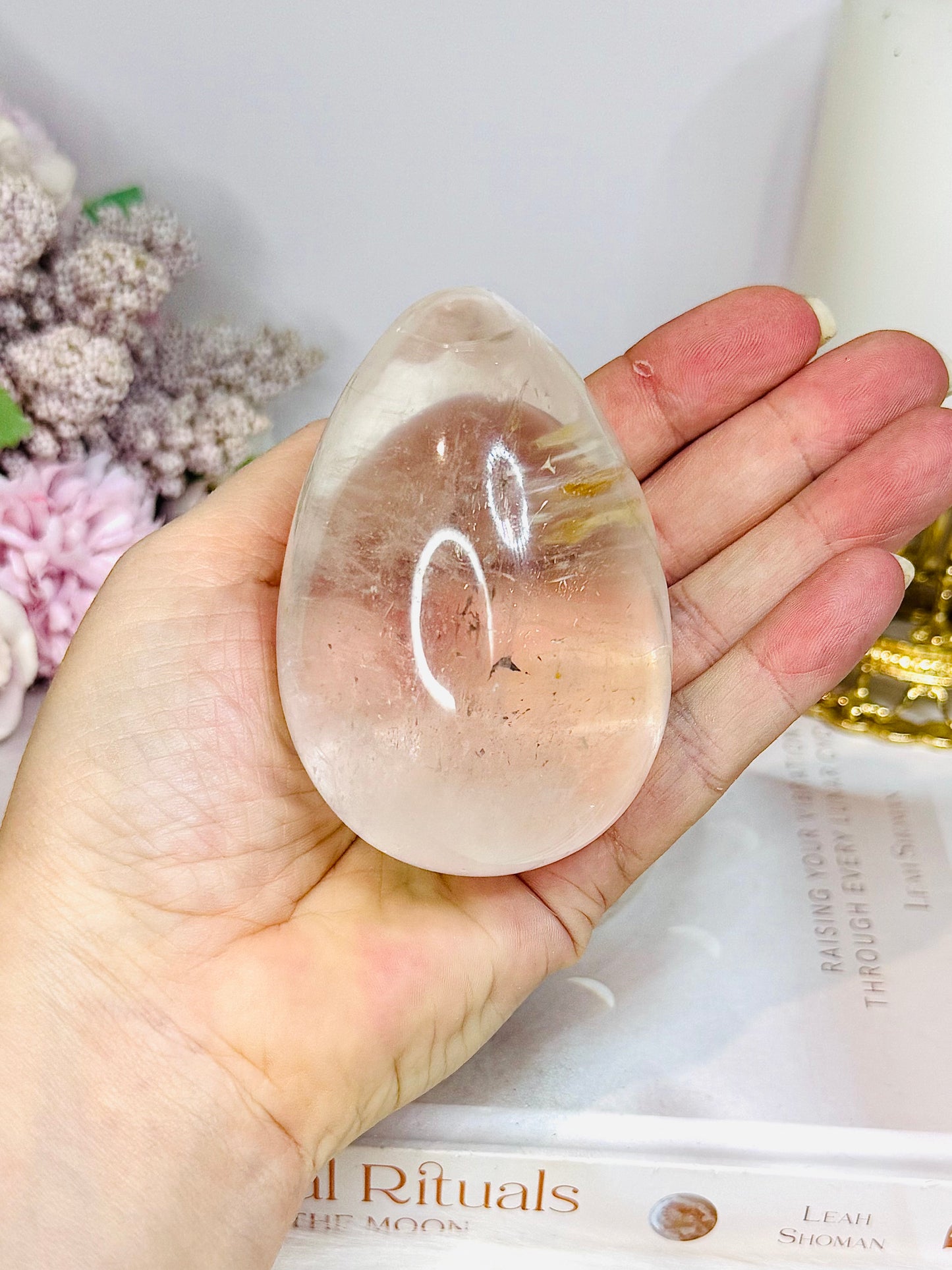 Large Clear Quartz Egg with Inclusions On Stand 7cm
