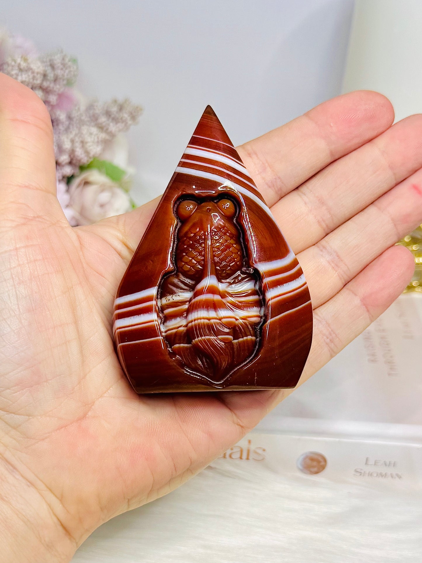 Red Striped Agate Flame With Carved Fish 8cm