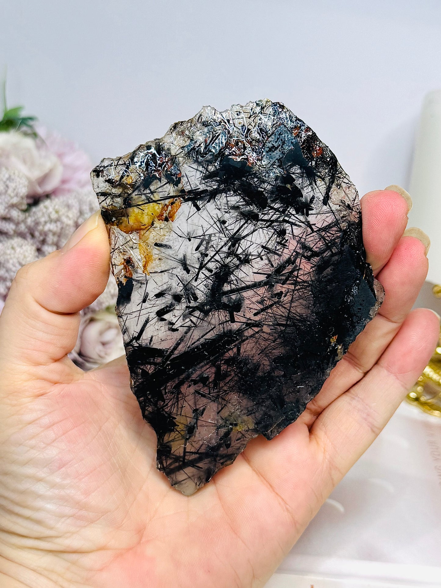 Black Tourmaline in Quartz Slab on Stand 12cm
