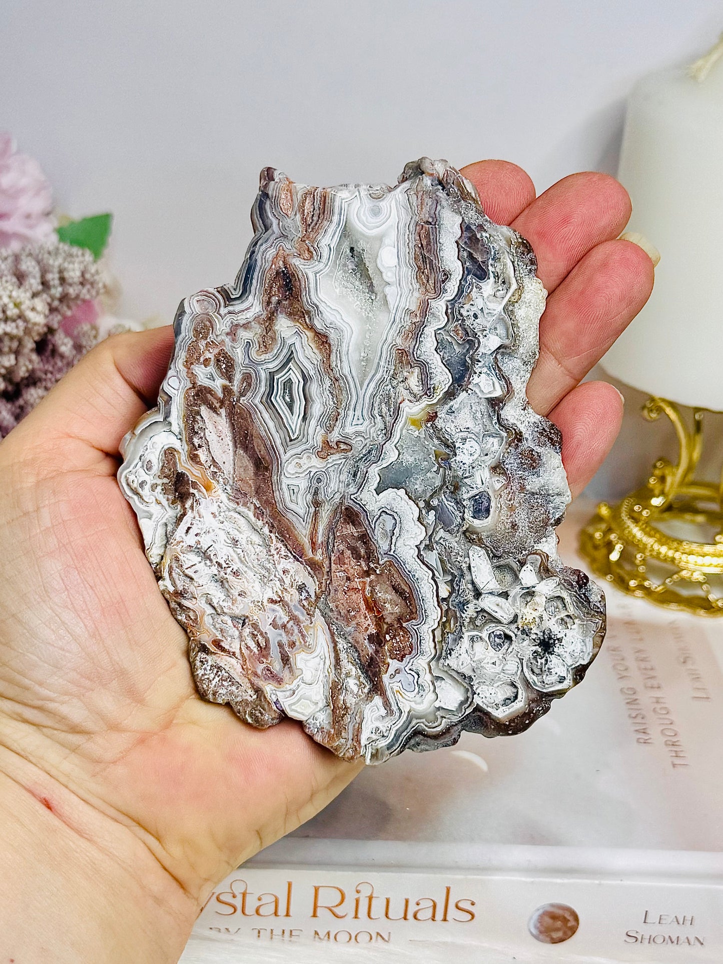 Mexican Lace Agate Slab on Stand 11cm