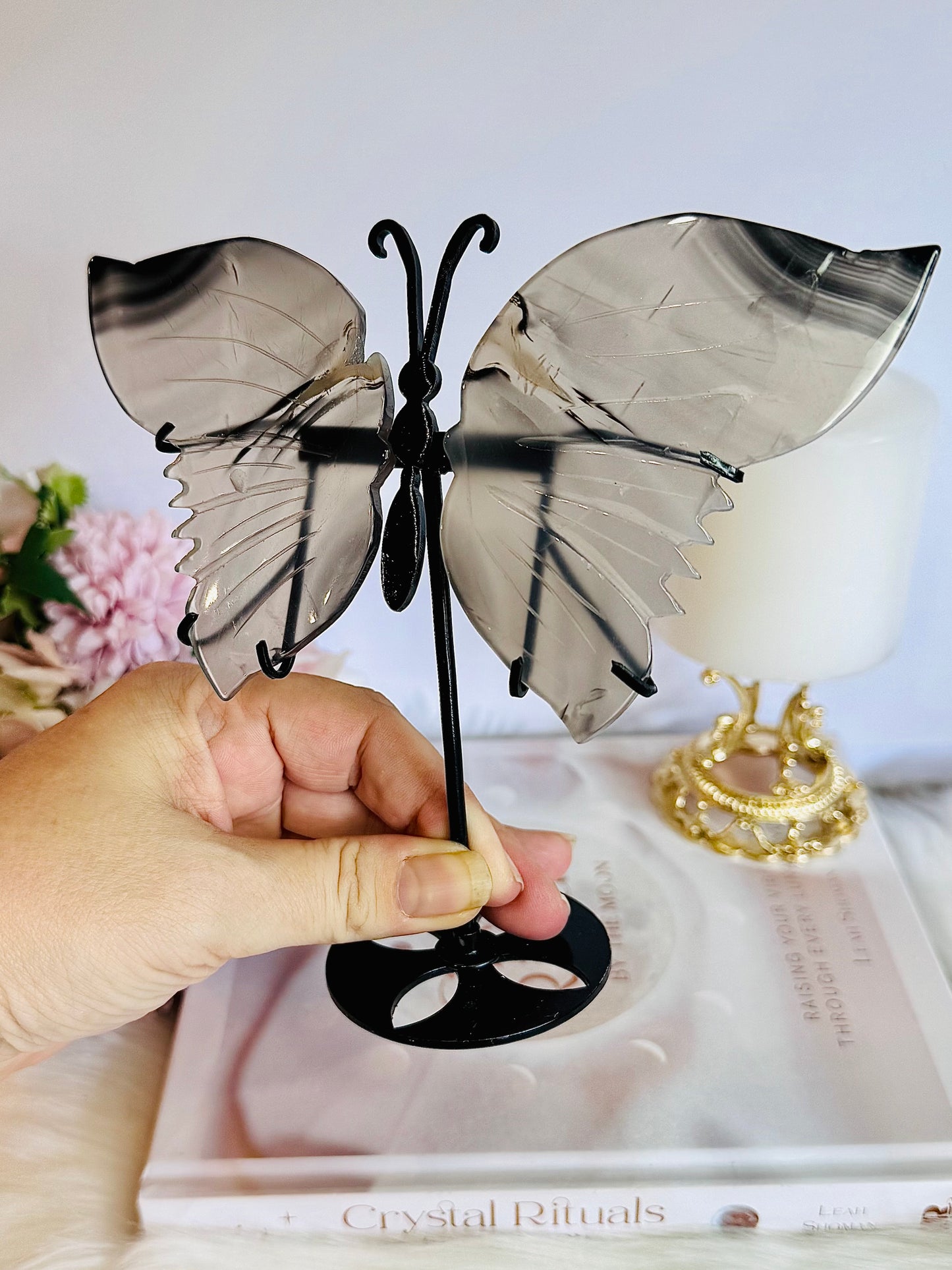 Stunning 15cm Agate Carved Butterfly Wings On Stand