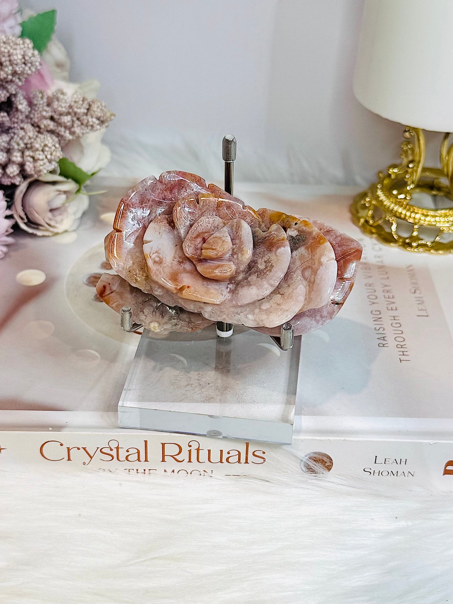 High Grade Flower Agate Carved Rose on Stand 8.5cm