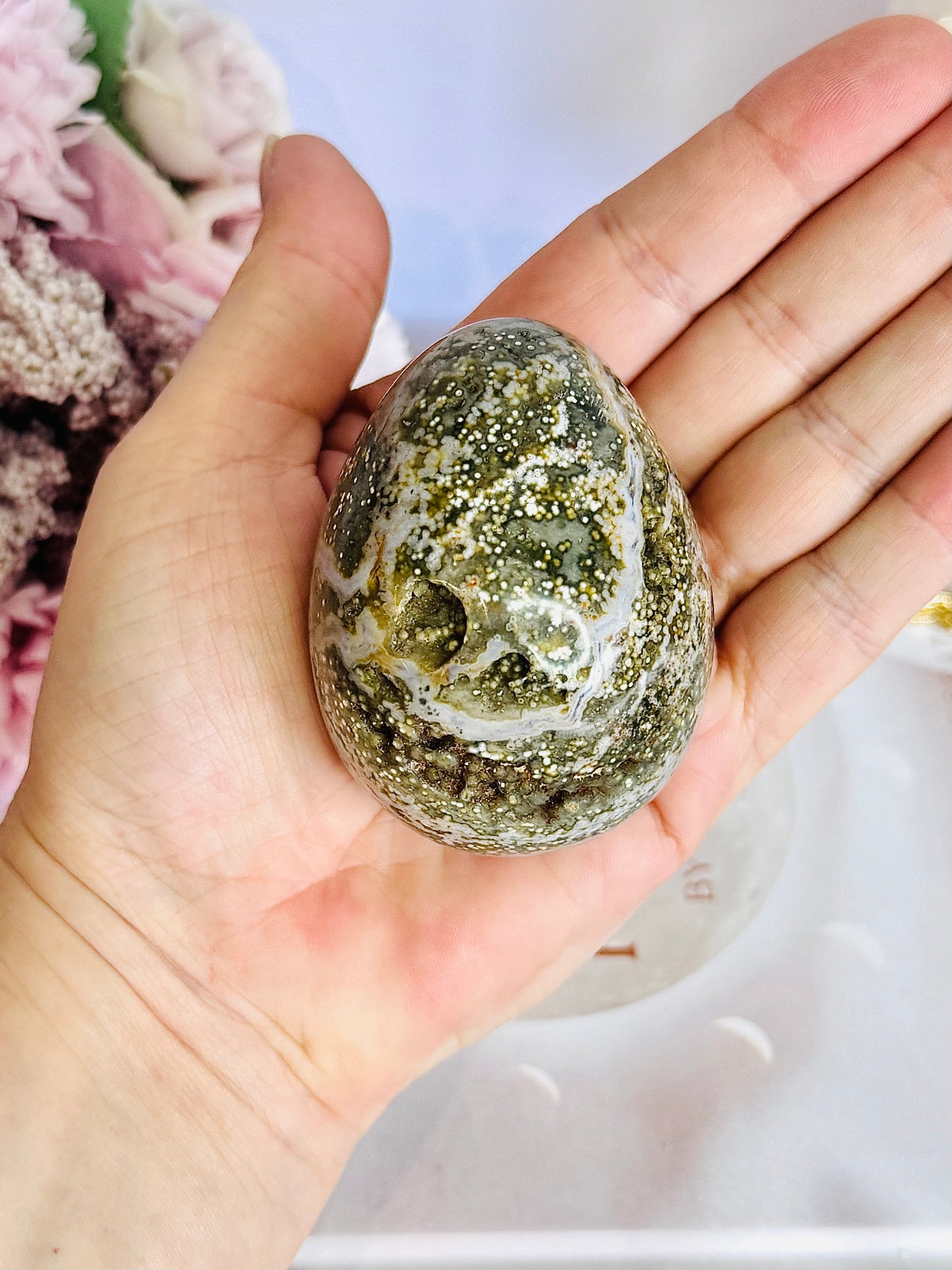 Absolutely Beautiful Druzy Orbicular Ocean Jasper Egg 7cm On Stand