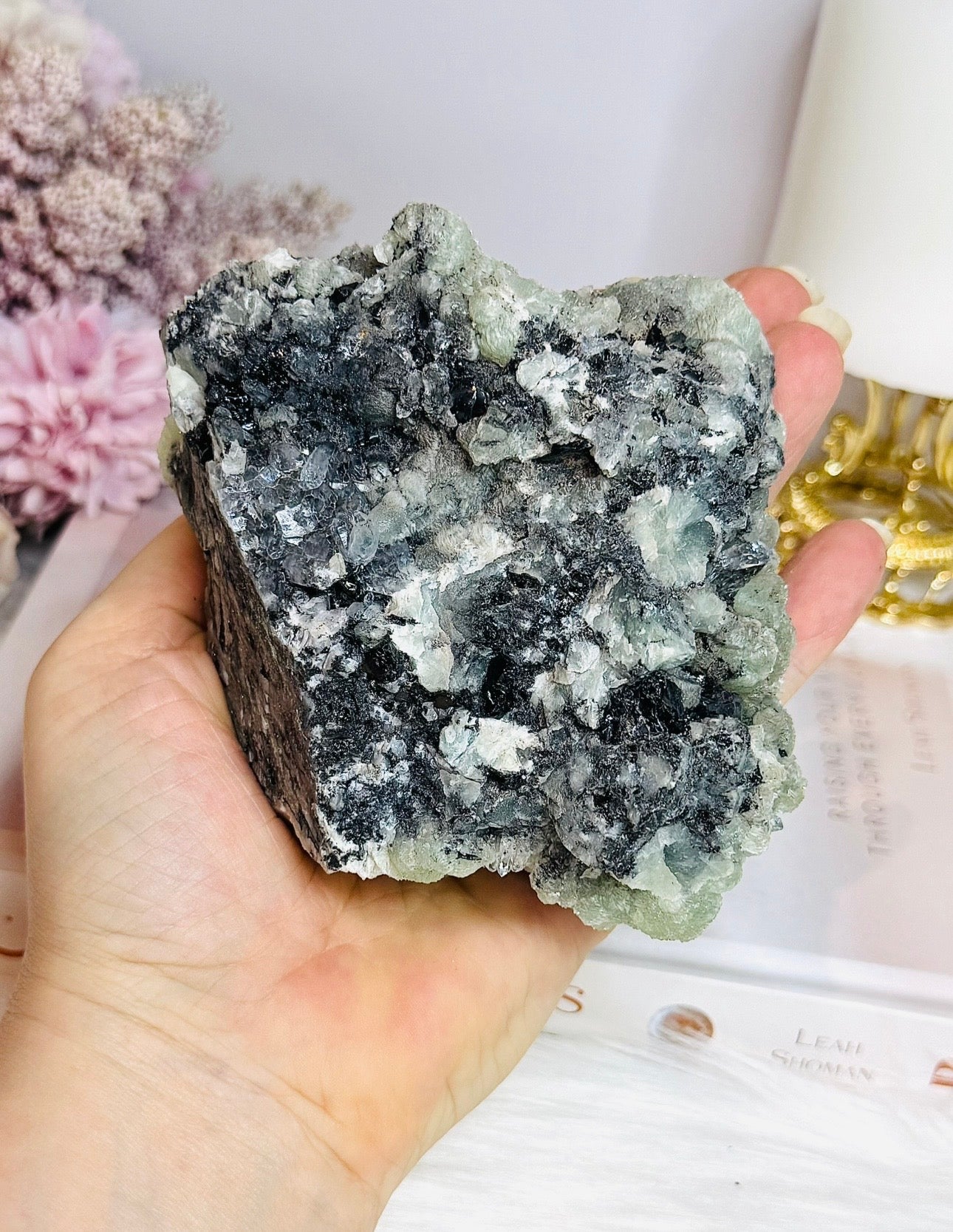 Prehnite with Babingtonite Specimen on Stand 10cm 528g