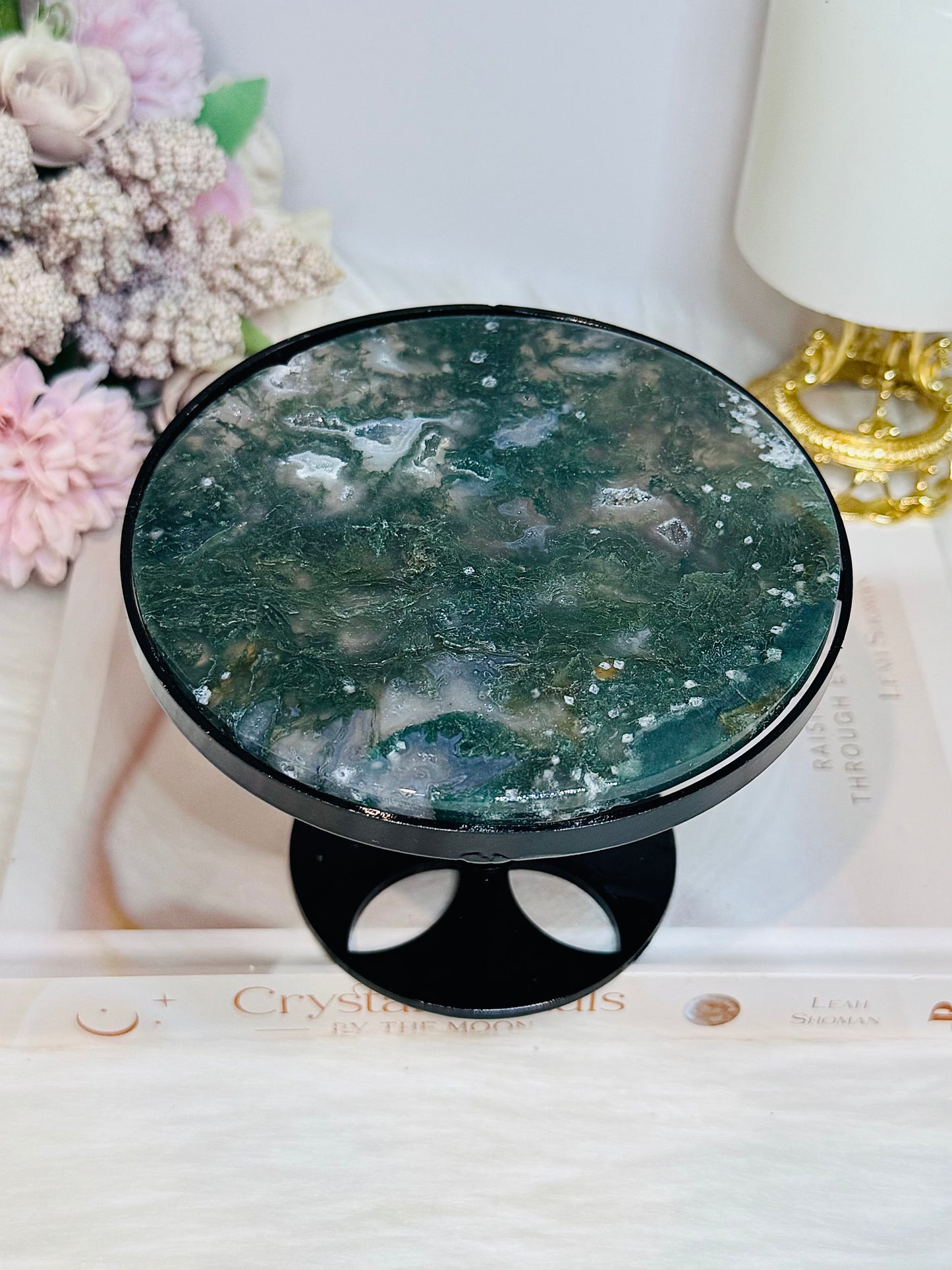 Moss Agate Druzy Spinning Top Table H:10cm W:12cm