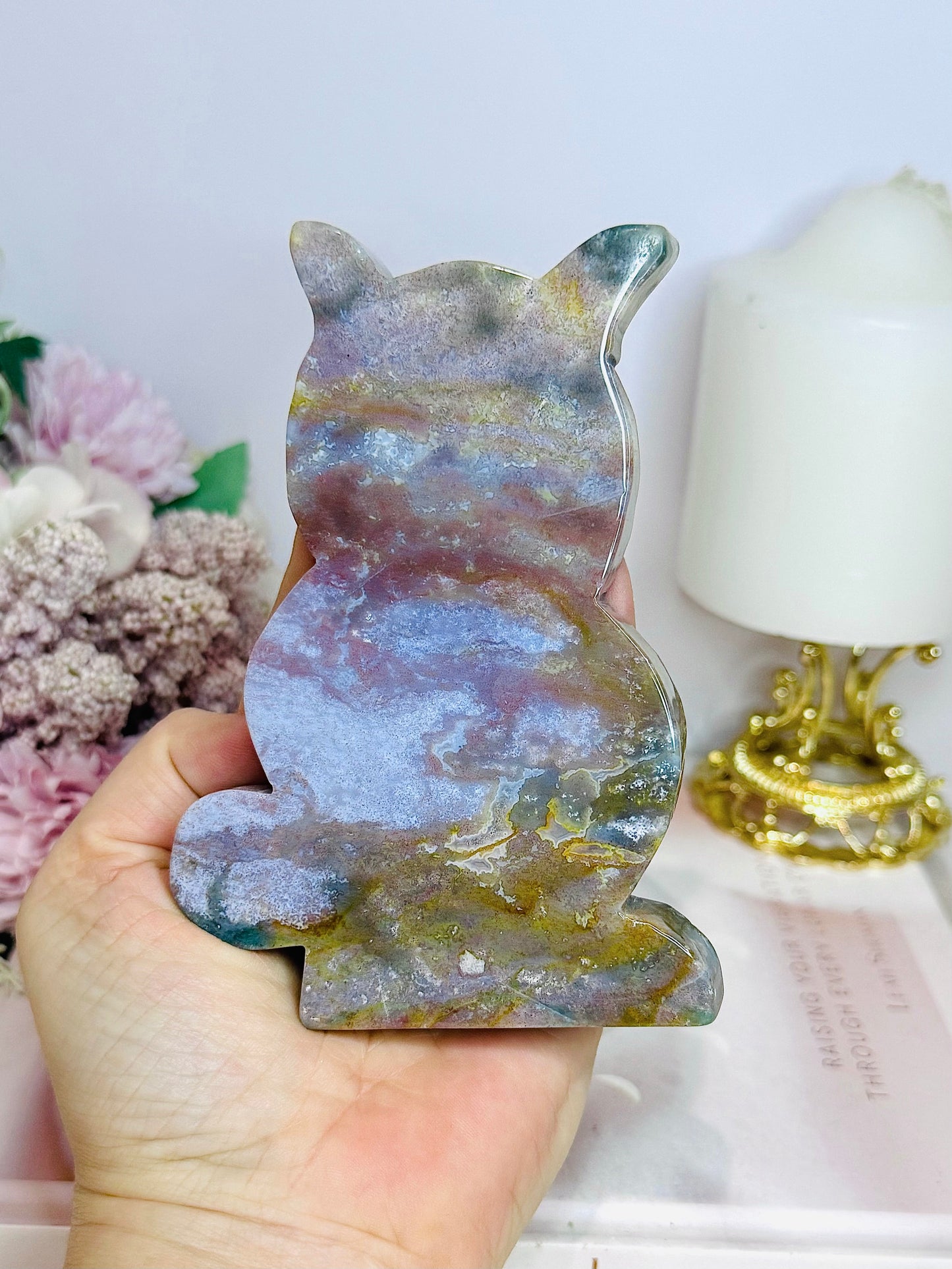 Ocean Jasper Cat Carving 13cm