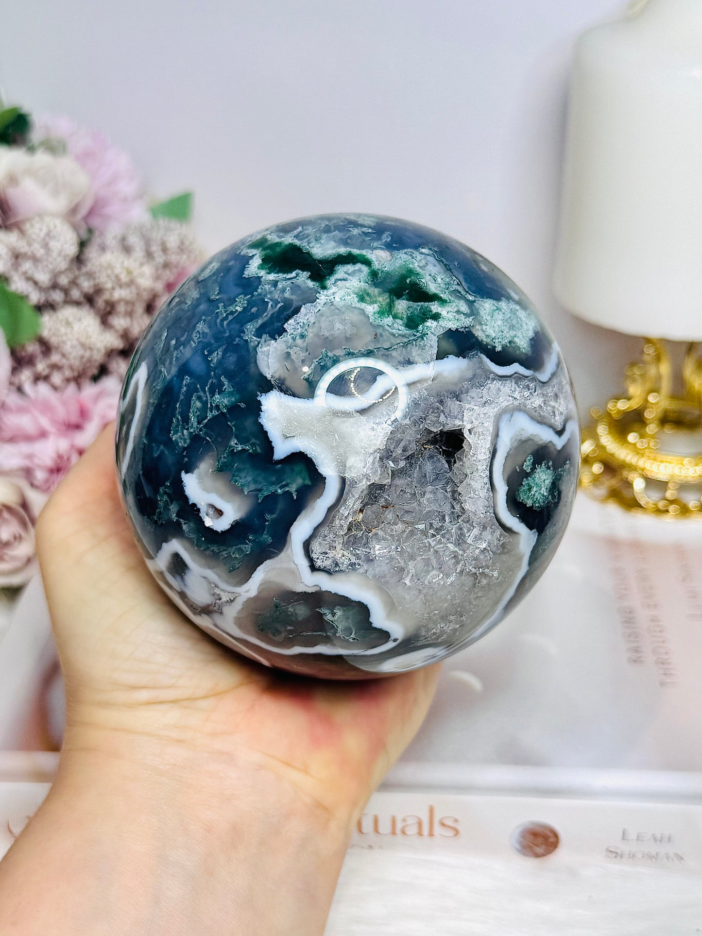 High Grade Druzy Moss Agate Sphere on Stand 1.09KG