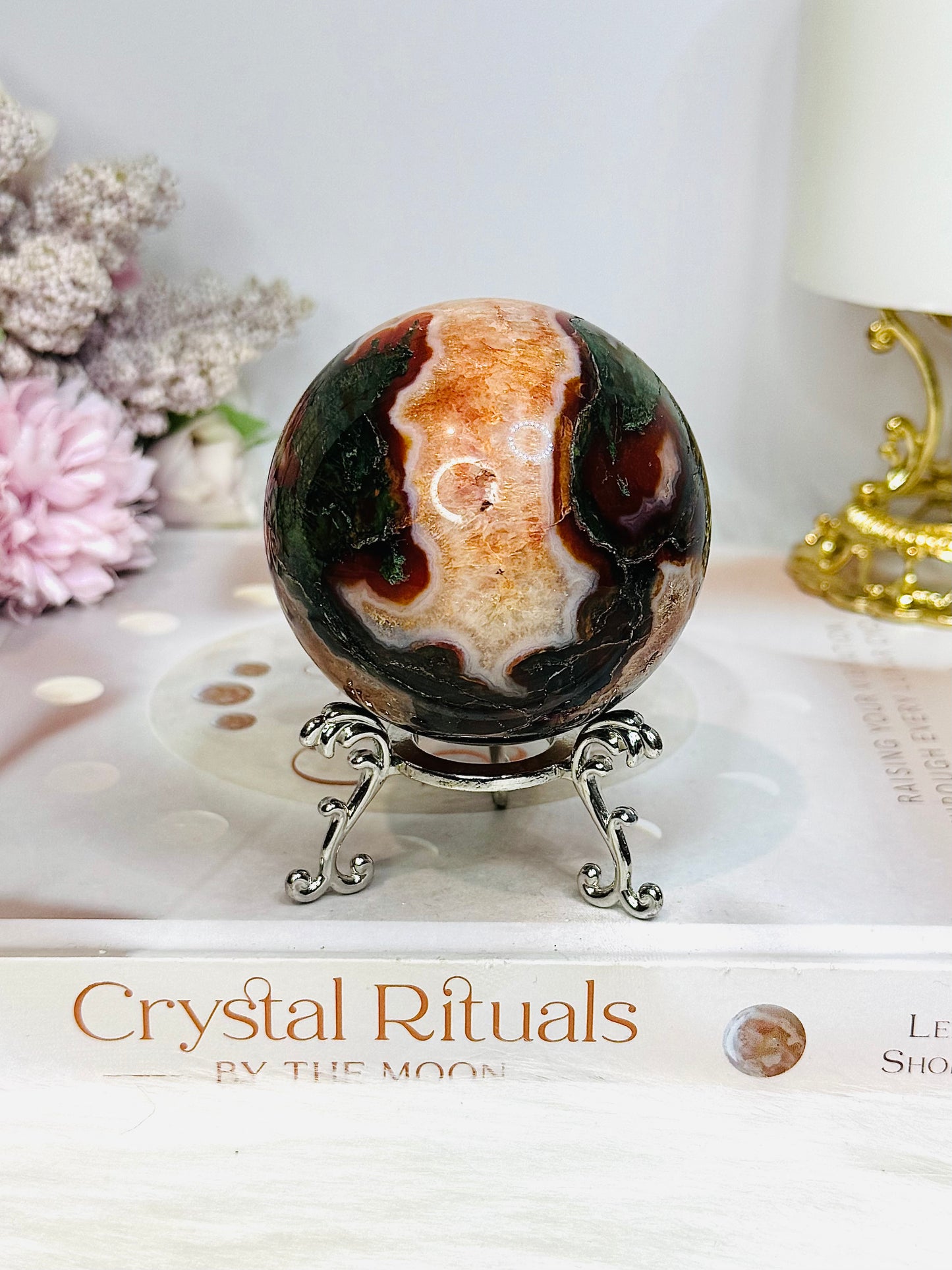 Red Moss Agate Sphere On Stand 331g