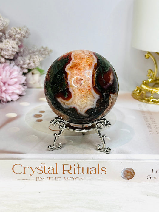 Red Moss Agate Sphere On Stand 331g