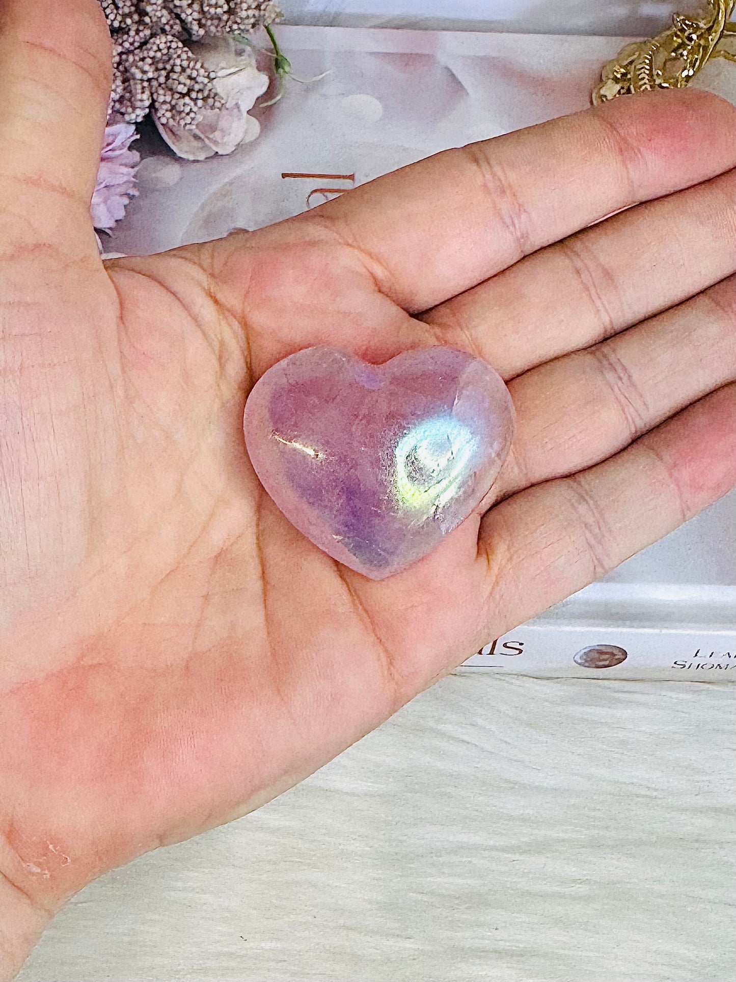 Gift Set ~ Rose Quartz Angel Aura Heart, Glass Perfume Bottle on Mirror Tray 10cm