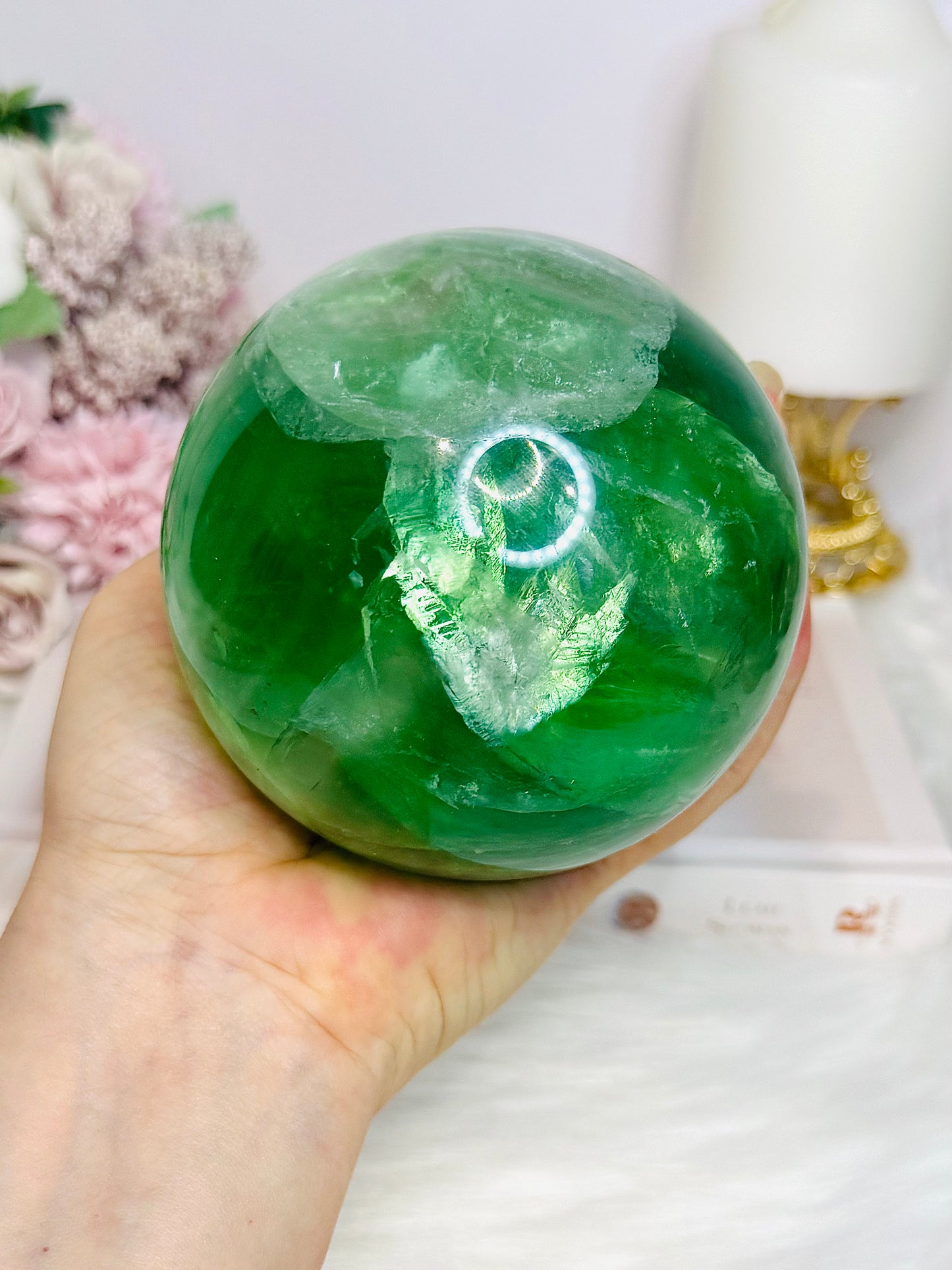 Huge Green Fluorite Sphere with Rainbows On Tall Glass Stand 1.4KG (stand can be changed)