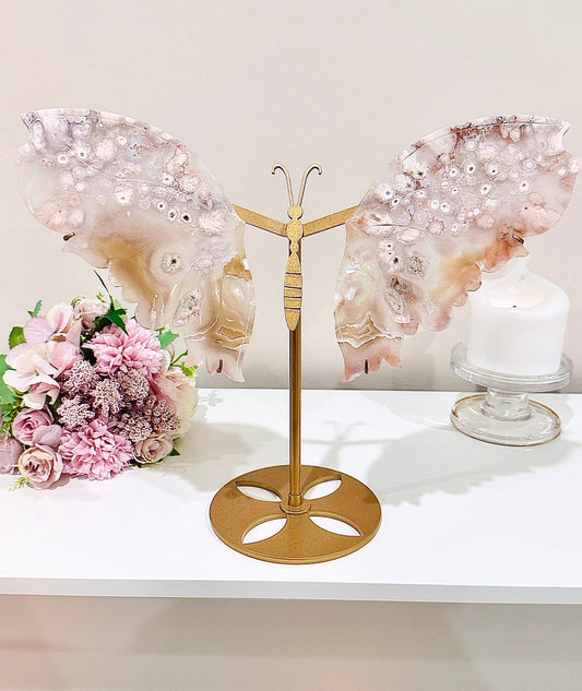 Classy & Absolutely Fabulous Large 30cm (Inc Stand) Druzy Flower Agate Perfectly Carved Butterfly Wings on Gold Stand From Madagascar