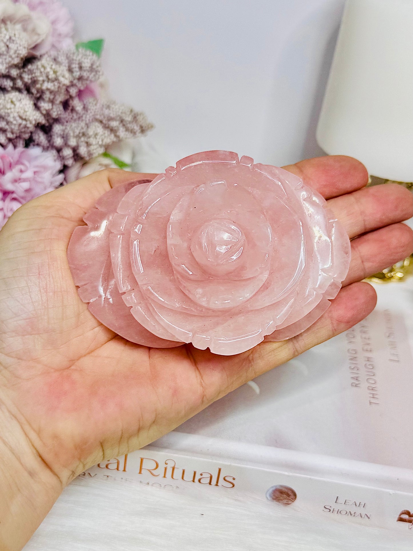 Large Rose Quartz Carved Rose 10cm