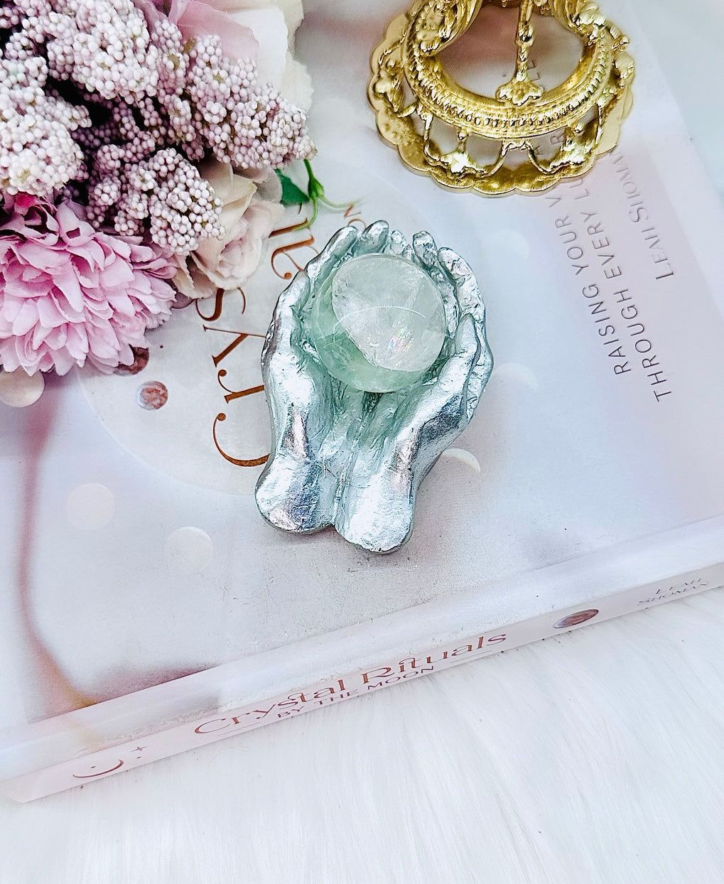 Absolutely Gorgeous Fluorite Sphere with Gorgeous Clarity & Rainbows in Silver Hands Holder 7.5cm