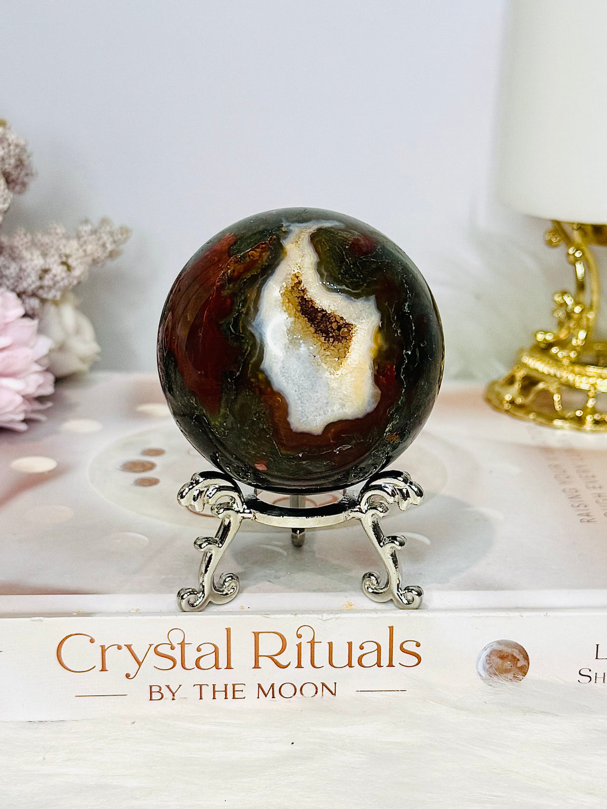 Druzy Red Moss Agate Sphere on Stand 303g