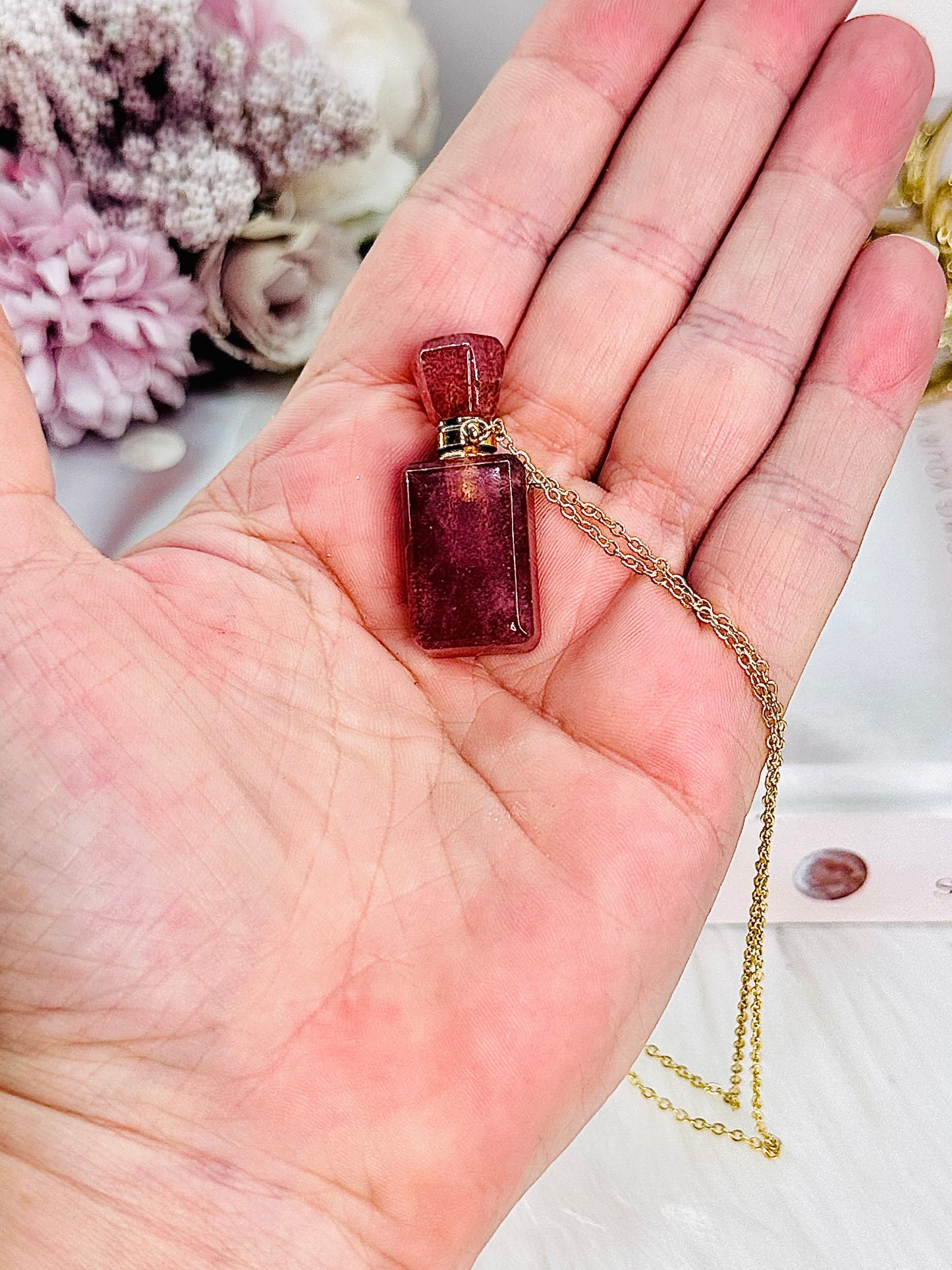 Gorgeous Strawberry Quartz Pendant Perfume Bottle Necklace In Gift Bag