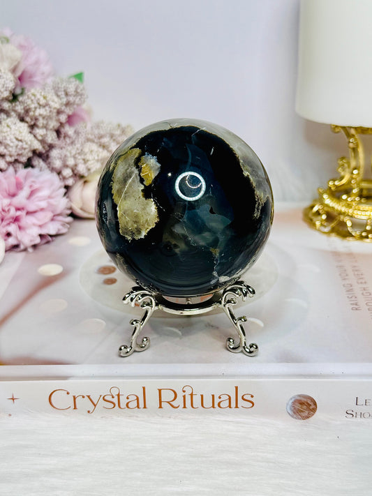 Natural Volcano Agate Druzy Sphere UV Reactive On Stand 399g