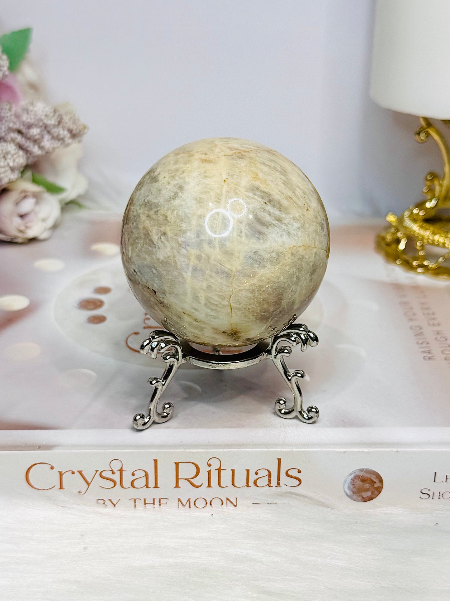Moonstone Sphere with Blue Flash On Stand 274g