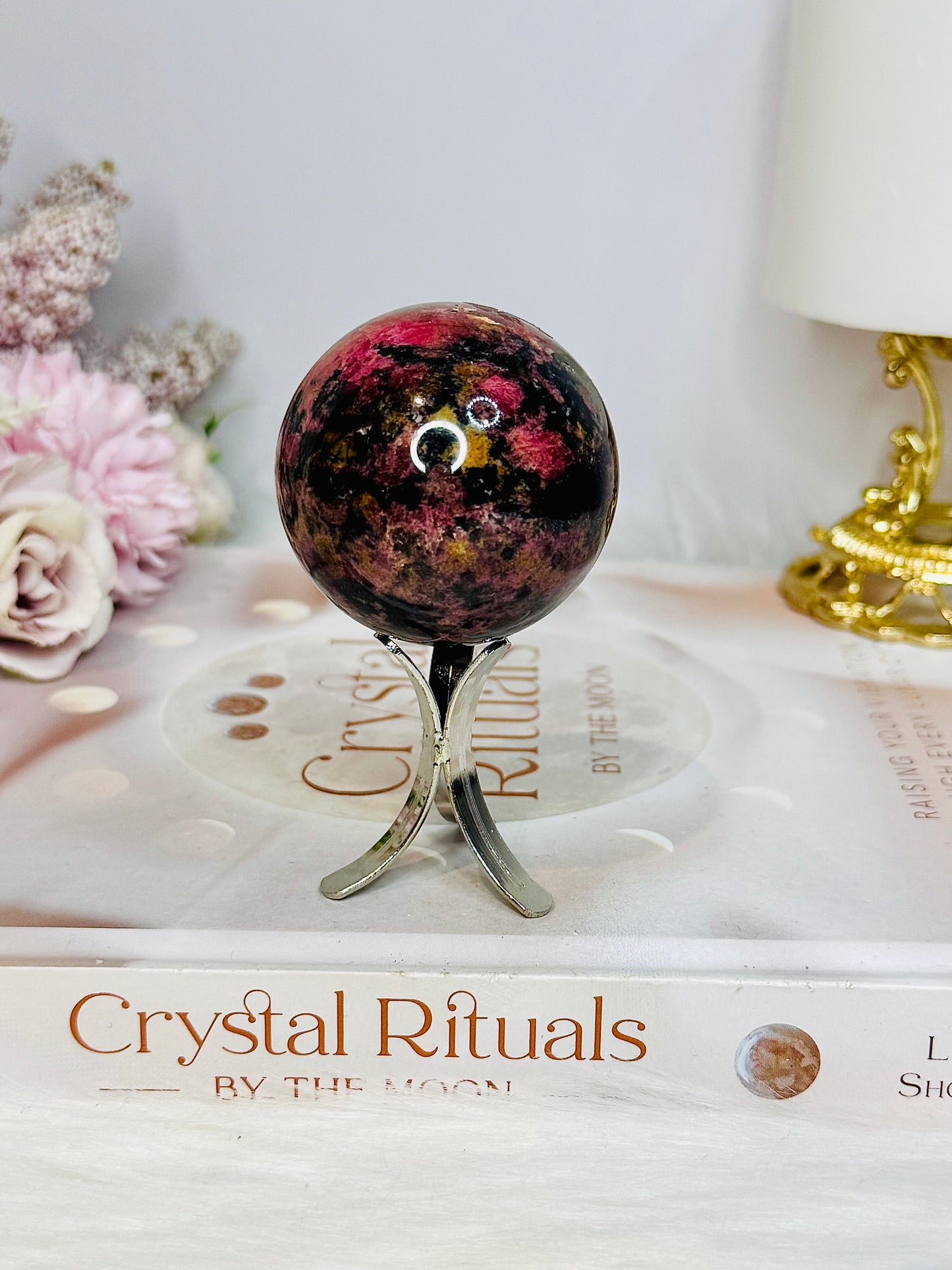 High Grade Rhodonite Sphere on Stand