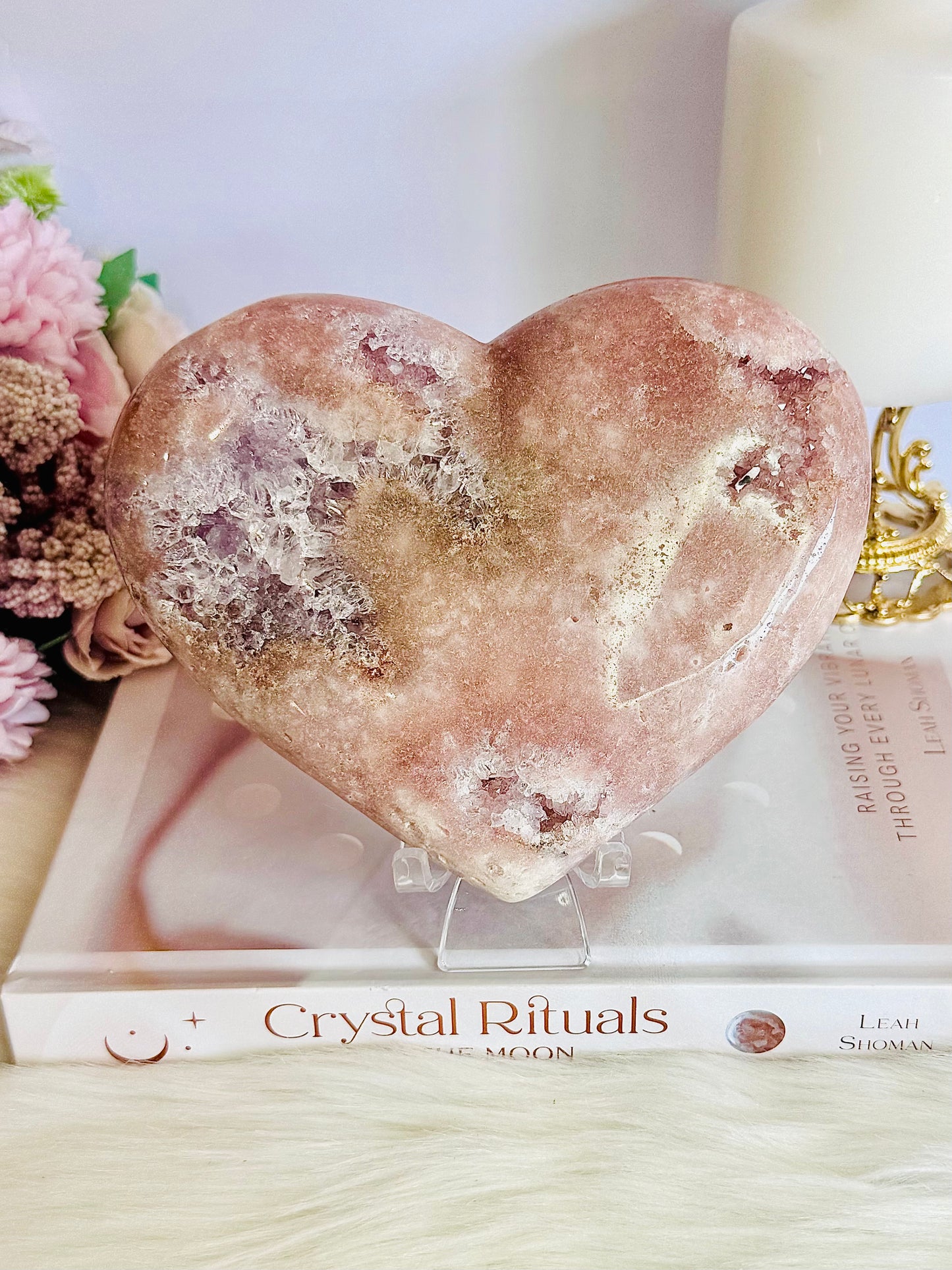 Classy & Fabulous Large Druzy Pink Amethyst Puffy Heart On Stand 832gram