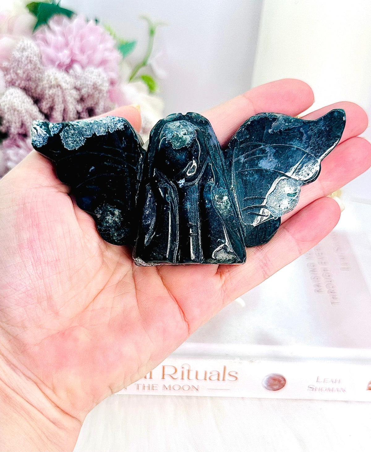 Moss Agate Druzy Carved Angel 12cm