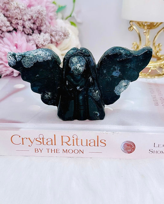 Moss Agate Druzy Carved Angel 12cm