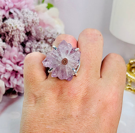 Stunning Natural Purple Stalactite Silver Plated Adjustable Ring From Brazil In Gift Bag