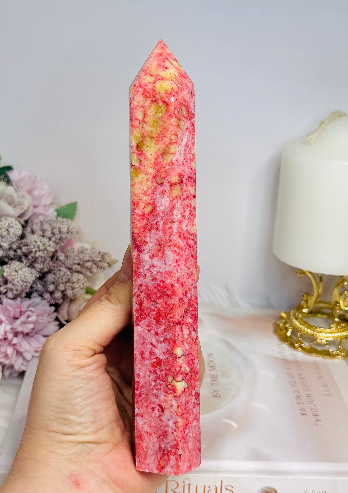 Rare Large Thulite Tower with Epidote Inclusions 20cm (Rich in colour)