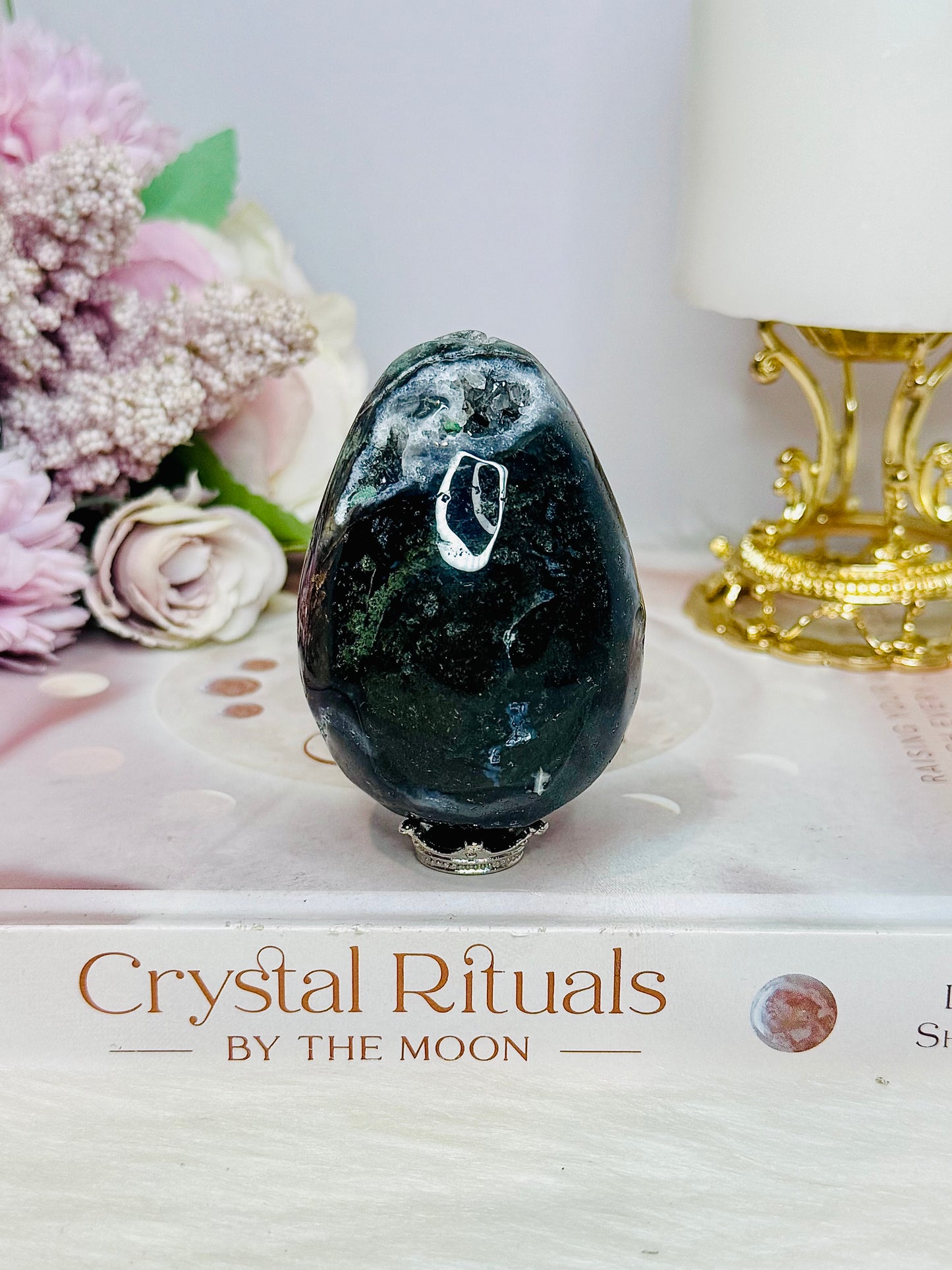 Moss Agate Druzy Egg On Stand 205g