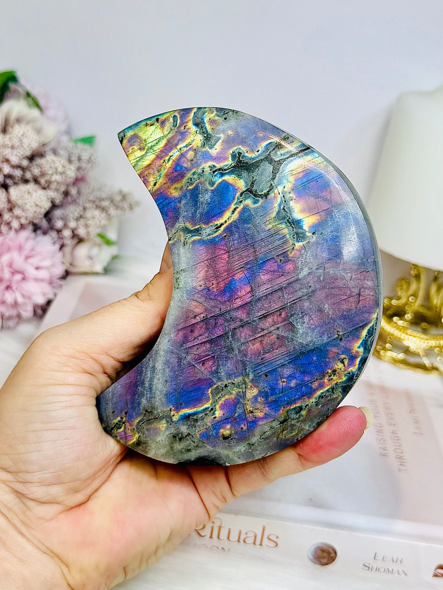 High Grade Large Labradorite Carved Moon Full of Flash 18.5cm