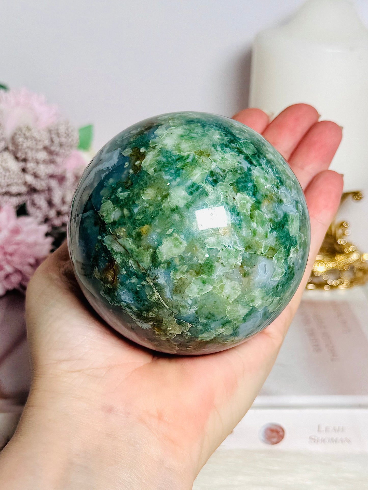 Large Moss Agate Druzy Sphere on Stand 756g