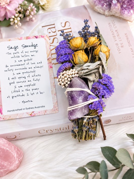 ✨ SALE ✨ Amethyst Sage Smudge Floral Wand | Handmade Cleansing Bundle (limited stock)