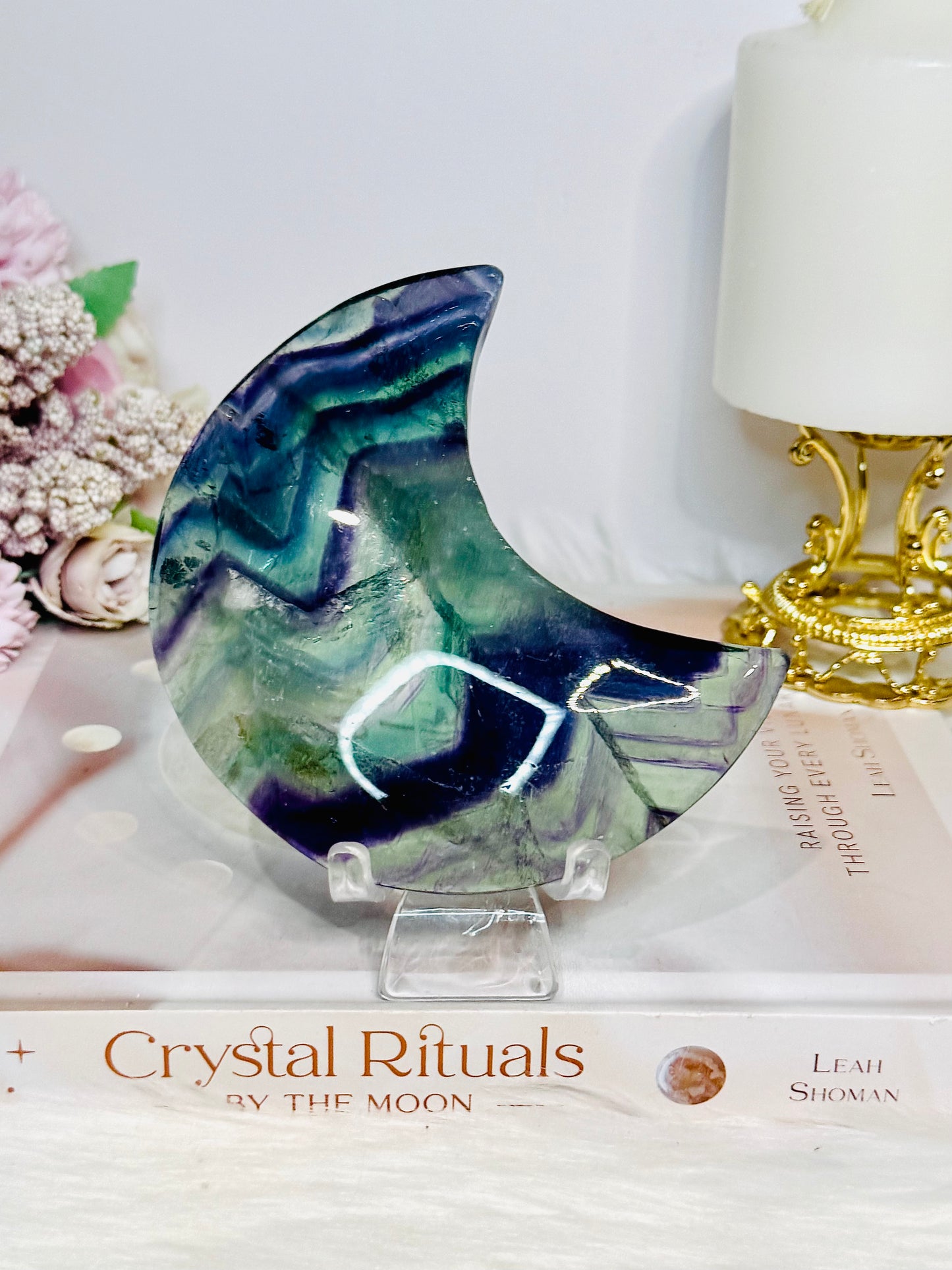Fluorite Moon with Rainbows On Stand 11cm