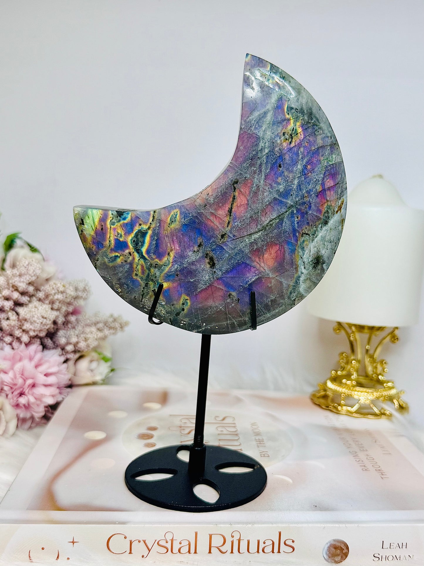 High Grade Large Labradorite Carved Moon Full of Flash 18.5cm