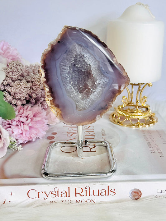 Beautiful 15cm Large Chunky Natural Druzy Agate Geode On Silver Stand